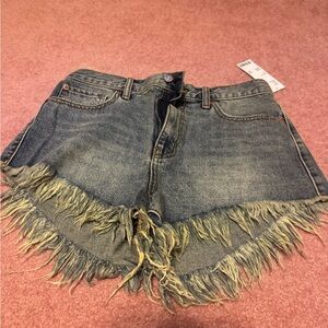 Urban Outfitters Distressed Fringe Denim Shorts - Blue